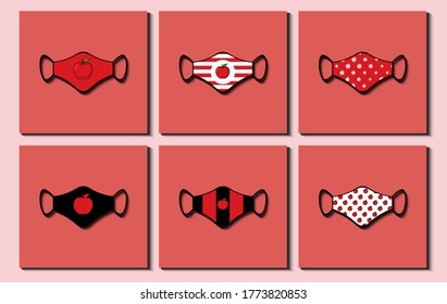 Set of mouth mask. Different apple fruit pattern, stripe, icon etc. Flat Design Vector Illustration.