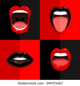 Set Of Mouth With Open Black And Red Lips On Red And Black Backgrounds. Vector Illustration.