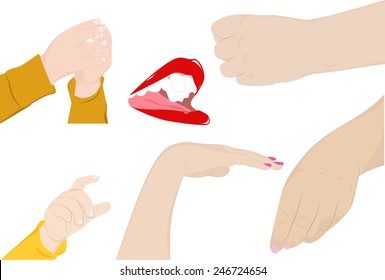 Set of mouth with red lips and hands of children and adults, vector illustration