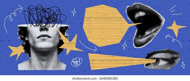 Set of Mouth scream speech kit bubble eye line paper man half face with lips in abstract retro art for bold pop scrapbook poster design illustration concept.