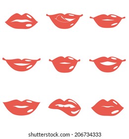 Set of mouth smile red sexy woman lips isolated on white vector illustration