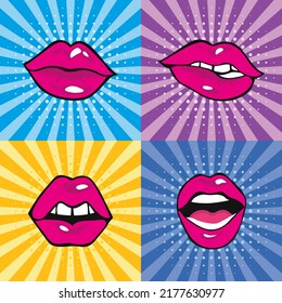 Set mouth with teeth and tongue pop art design