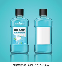 Set Of Mouth Wash Bottle Mock-ups For Ad Use, One With Label Design And One Without, Isolated On Light Greenish Blue Background