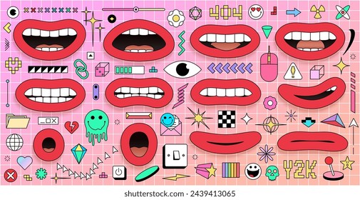 Set of mouths and fun y2k style graphic elements bundle in trendy retro 90s cartoon style. Flat abstract retro shapes pack  for poster design. Big set of trendy retro elements. Vector illustration