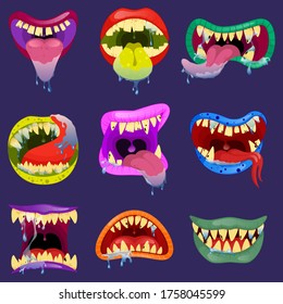 Set mouths of monsters. Monster expression funny, tongue and monster mouths with teeth illustration
