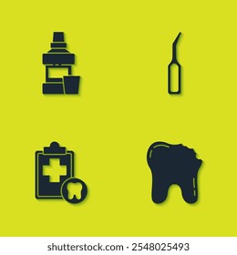 Set Mouthwash bottle, Broken tooth, Dental card and explorer scaler icon. Vector