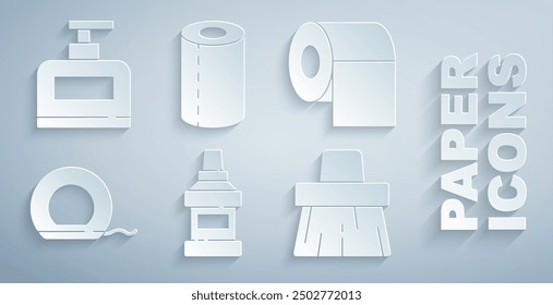 Set Mouthwash bottle, Toilet paper roll, Dental floss, Handle broom, Paper towel and Bottle of shampoo icon. Vector