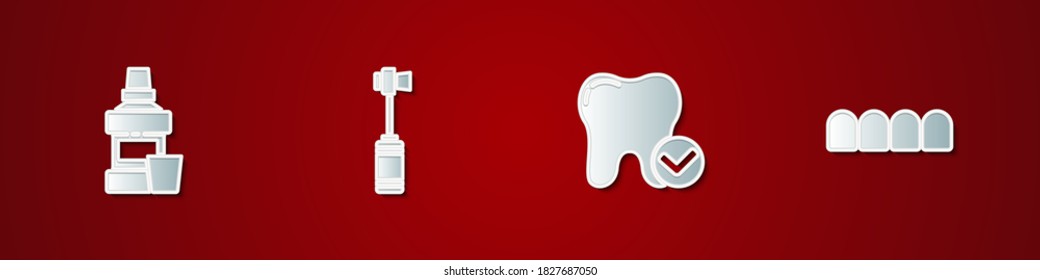 Set Mouthwash bottle, Toothbrush, whitening concept and Dentures model icon. Vector.