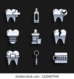 Set Mouthwash plastic bottle, Dental inspection mirror, Dentures model, Broken tooth, Teeth with braces, implant, Tooth whitening concept and clinic for dental care icon. Vector