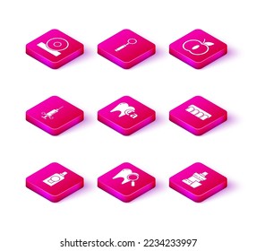 Set Mouthwash plastic bottle, Dental search, medical syringe, Calcium for tooth, Dentures model, Apple and inspection mirror icon. Vector