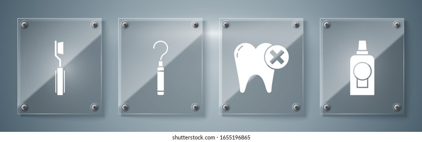 Set Mouthwash plastic bottle, Tooth with caries, Dental explorer scaler for teeth and Toothbrush. Square glass panels. Vector