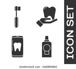 Set Mouthwash plastic bottle, Toothbrush, Online dental care and Tooth icon. Vector