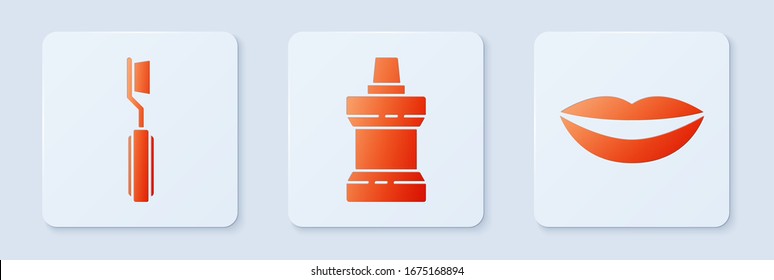 Set Mouthwash plastic bottle, Toothbrush and Smiling lips. White square button. Vector
