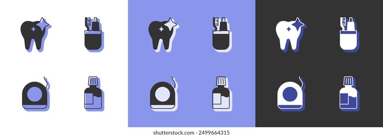 Set Mouthwash, Tooth whitening, Dental floss and Toothbrush and toothpaste icon. Vector