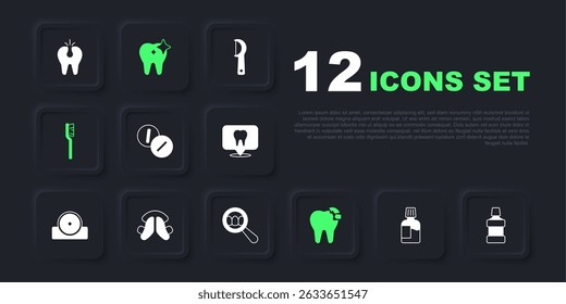 Set Mouthwash, Toothache painkiller tablet, Broken tooth, Toothbrush, Dental plate, whitening and search icon. Vector
