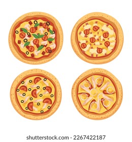 Set Of Mouth-watering Pizza Circles With Melted Cheese, Spicy Pepperoni, And Fresh Veggies Isolated On A White Background. Elements for Restaurant Menu, Food Promotions. Cartoon Vector Illustration