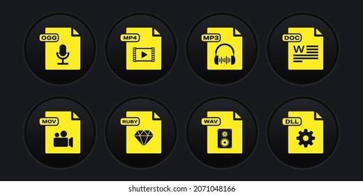 Set MOV file document, DOC, RUBY, WAV, MP3, MP4, DLL and OGG icon. Vector