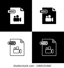 Set MOV file document. Download mov button icon isolated on black and white background. MOV file symbol. Audio and video collection.  Vector Illustration