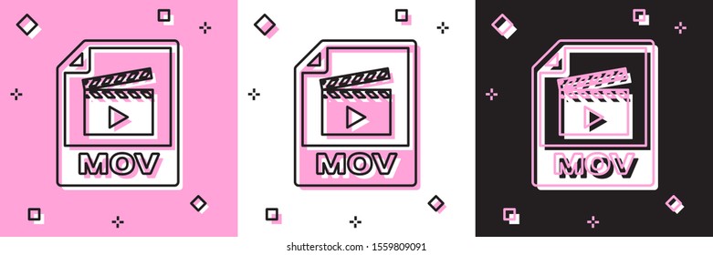 Set MOV file document. Download mov button icon isolated on pink and white, black background. MOV file symbol. Audio and video collection.  Vector Illustration