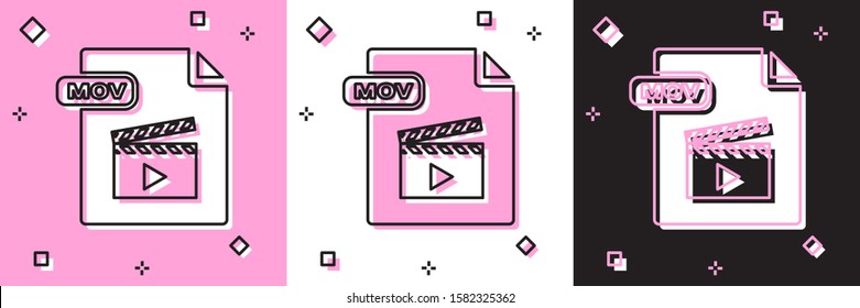 Set MOV file document. Download mov button icon isolated on pink and white, black background. MOV file symbol. Audio and video collection.  Vector Illustration