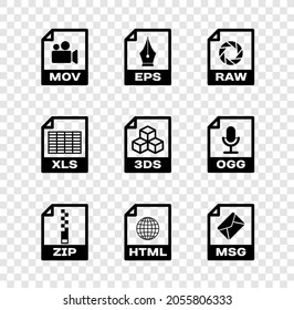 Set MOV file document, EPS, RAW, ZIP, HTML and MSG icon. Vector