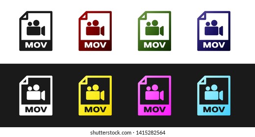 Set MOV file document icon. Download mov button icon isolated on black and white background. MOV file symbol. Audio and video collection. Vector Illustration
