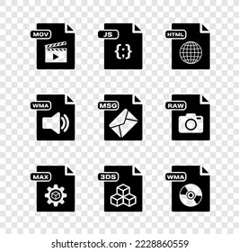 Set MOV file document, JS, HTML, MAX, 3DS, WMA, and MSG icon. Vector