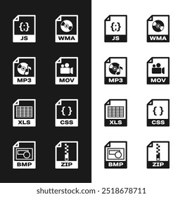 Setzen Sie MOV-Datei Dokument, MP3, JS, WMA, XLS und CSS-Symbol. Vektorgrafik