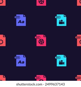 Set MOV file document, OTF, AVI and RAW on seamless pattern. Vector