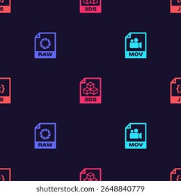 Set MOV file document, RAW, 3DS and JS on seamless pattern. Vector