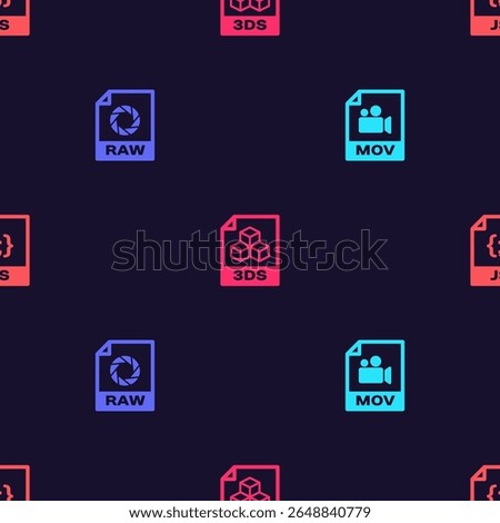 Set MOV file document, RAW, 3DS and JS on seamless pattern. Vector