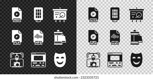 Set MOV file document, Softbox light, Scenario on chalkboard, Gimbal stabilizer with camera, Video recorder laptop, Comedy theatrical mask, FLV and MP3 icon. Vector