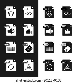 Set MOV file document, WMA, PSD, HTML, XLS, MSG, OBJ and GIF icon. Vector