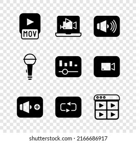 Set MOV file, Online play video, Speaker volume, Repeat button, Music playlist, Microphone and equalizer icon. Vector