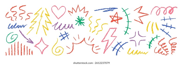 Set of movement elements with crayon, pastel or chalk texture. Expressive, emotion and decoration lines with bolt, heart, star in sketch style. Color vector illustration on a white background.