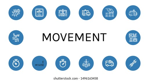 Set of movement icons such as Dancing, Highway, Gimbal, Ambulance, High speed train, Stopwatch, Joint, Hypnosis, Breakdance, Dance , movement