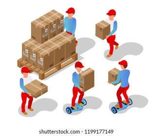 set of movers and couriers on a white background with boxes and packages. Boxes with a load on a palette. Isometric 3d