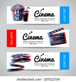 Set of movie banners. Cinema festival tickets with hand drawn sketch vector illustrations