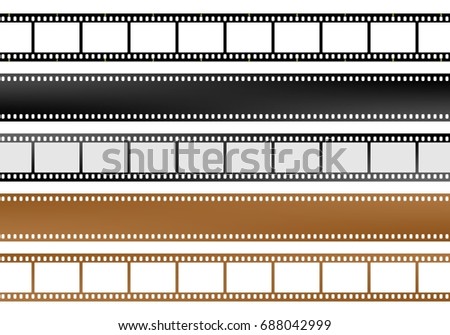 Set of movie and camera blank film strips of different colors with empty windows and without windows