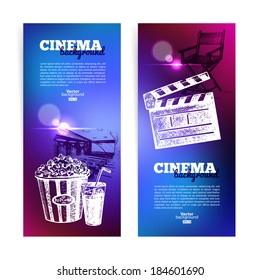 Set of movie cinema banners. Background with hand drawn sketch illustrations and light effects	