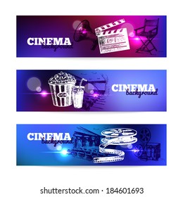 Set of movie cinema banners. Background with hand drawn sketch illustrations and light effects