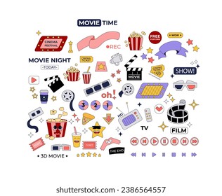 Set of movie, cinema design elements in  groovy style. Illustration for stickers, labels, tags, patches. Film, popcorn character, ticket, tv, 3d glasses. Hand drawn cartoon 2000s y2k. Vector