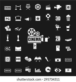 Set of Movie and Cinema icons. White cinema icon. Vector