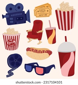 Set of Movie and Cinema Night Cute Hand Drawn Illustration