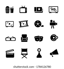 Set movie and cinema related icons draw in black design isolated on white background 