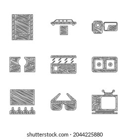 Set Movie clapper, 3D cinema glasses, Retro tv, VHS video cassette tape, Cinema auditorium with screen, Stacks paper money cash, camera and Play Video icon. Vector