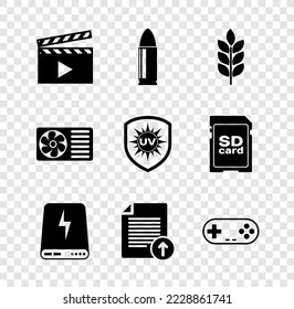 Set Movie clapper, Bullet, Wheat, Power bank, Upload file and Gamepad icon. Vector