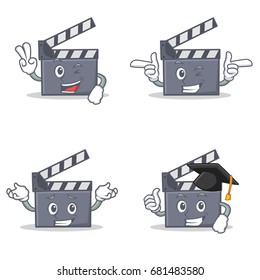 Set of movie clapper character with two finger wink graduation