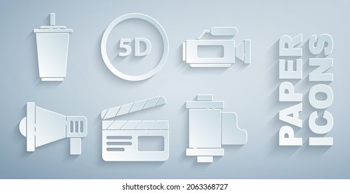 Set Movie clapper, cámara de cine, Megaphone, cartucho de rollo de película vintage de cámara, realidad virtual 5d y vidrio de papel con icono de agua. Vector
