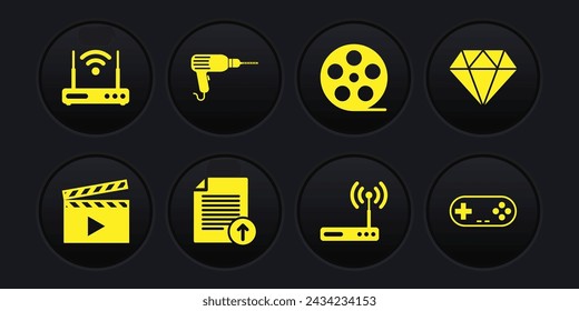 Set Película clapper, diamante, subir archivo, router y wi-fi, carrete de película y taladro icono de la máquina. Vector